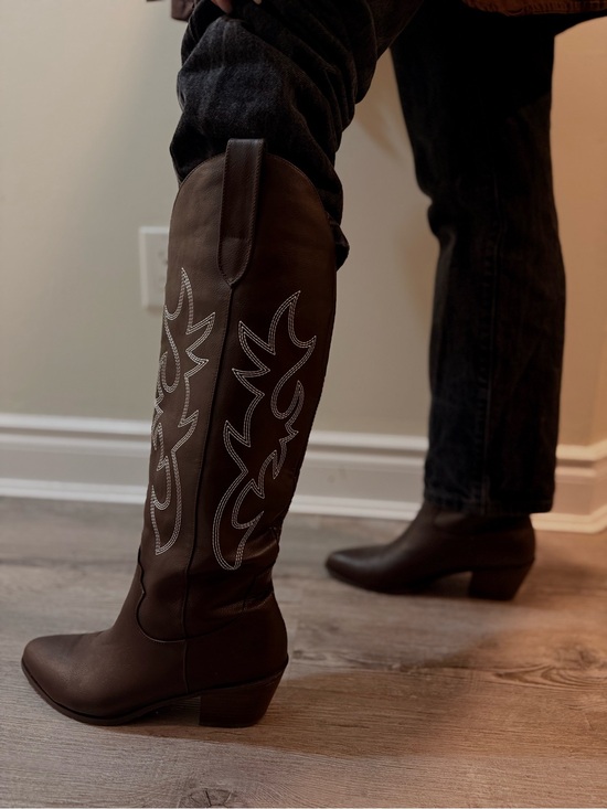 Shoes - Women's Brown Tall Western Boots - Classic Embroidered Shaft